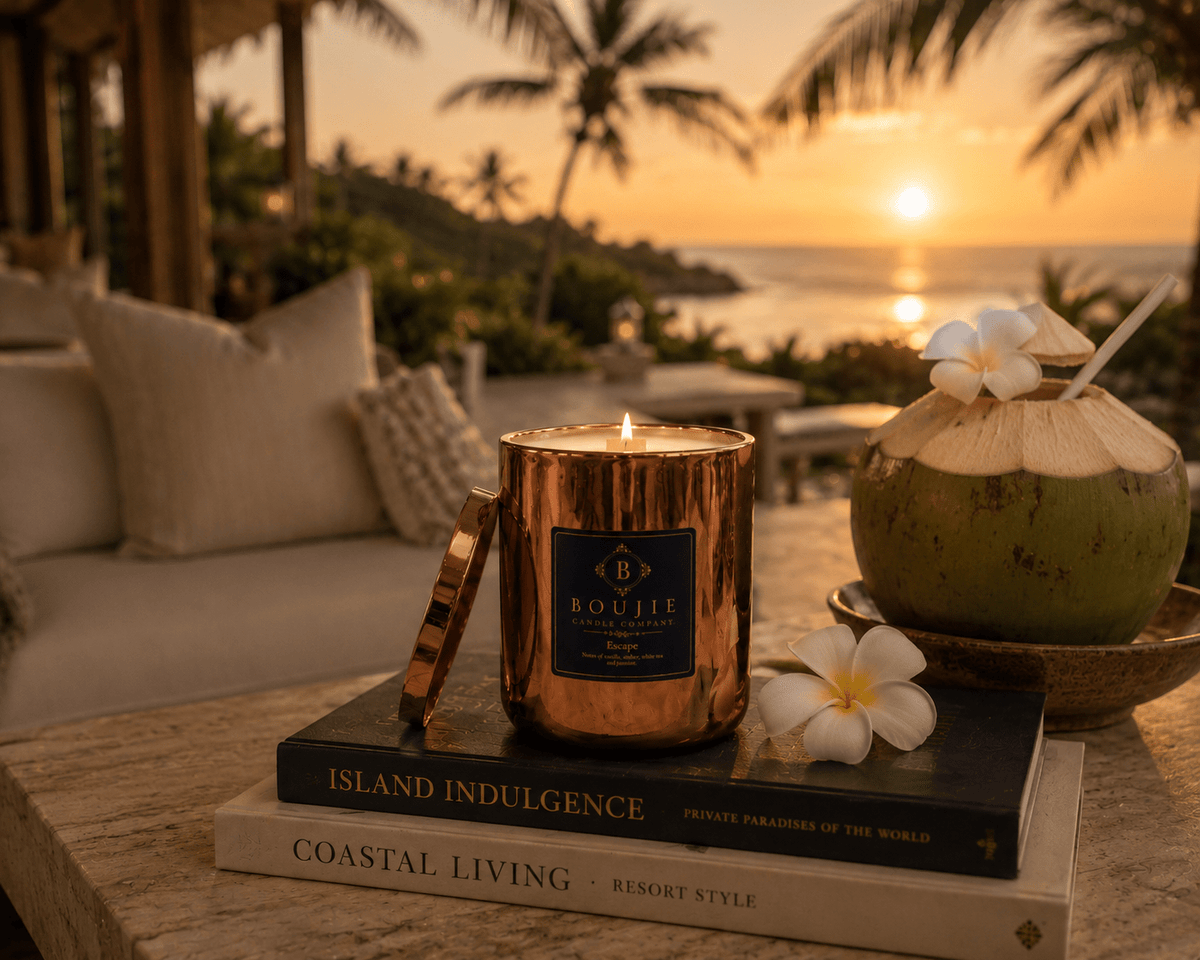 A lit copper glass vessel labeled Boujie Escape sits on stacked books on a table, with a coconut drink and white flowers in a tropical resort setting at sunset.