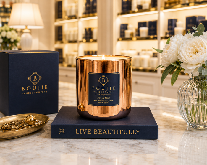 Boujie Noir rose gold soy candle with its navy gift box on a marble counter in front of a candle boutique shelf