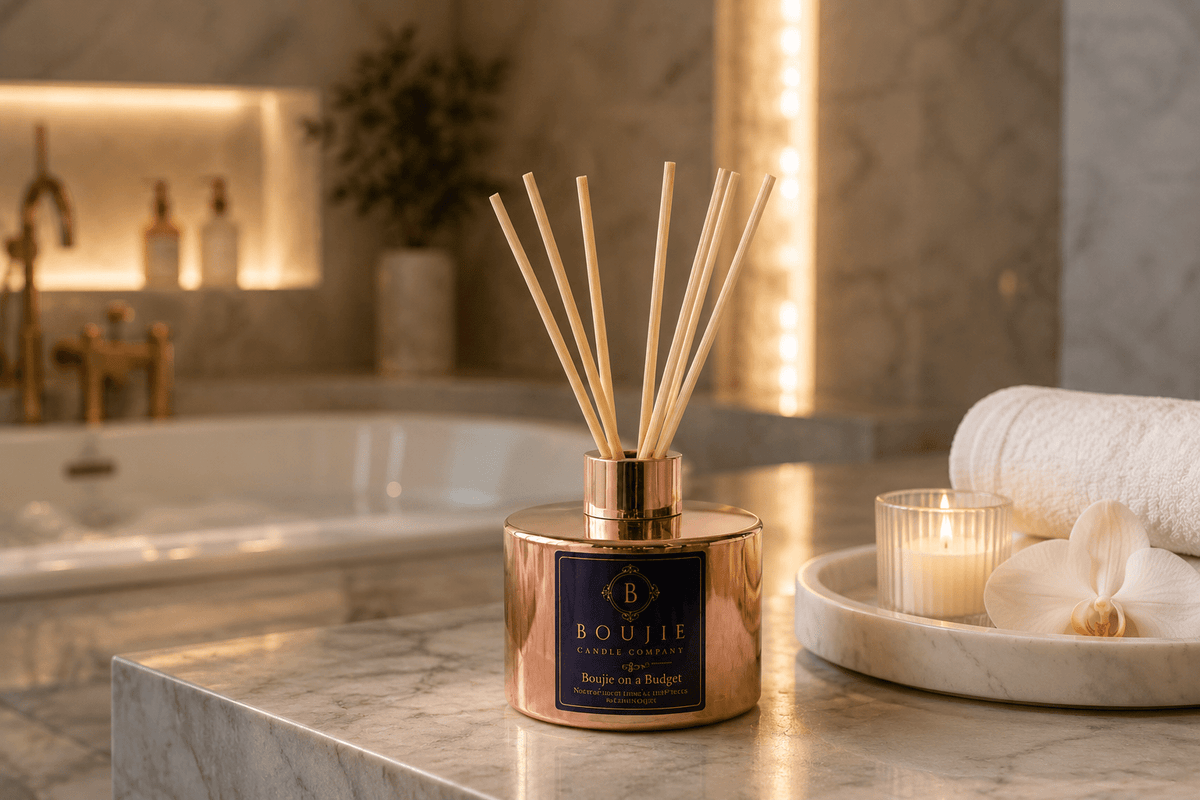 Boujie reed diffuser on a marble tray