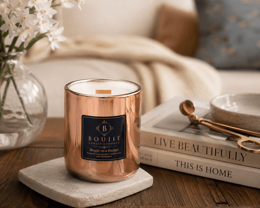 Boujie On A Budget wood wick soy candle, citrus champagne scent, 14 oz glass