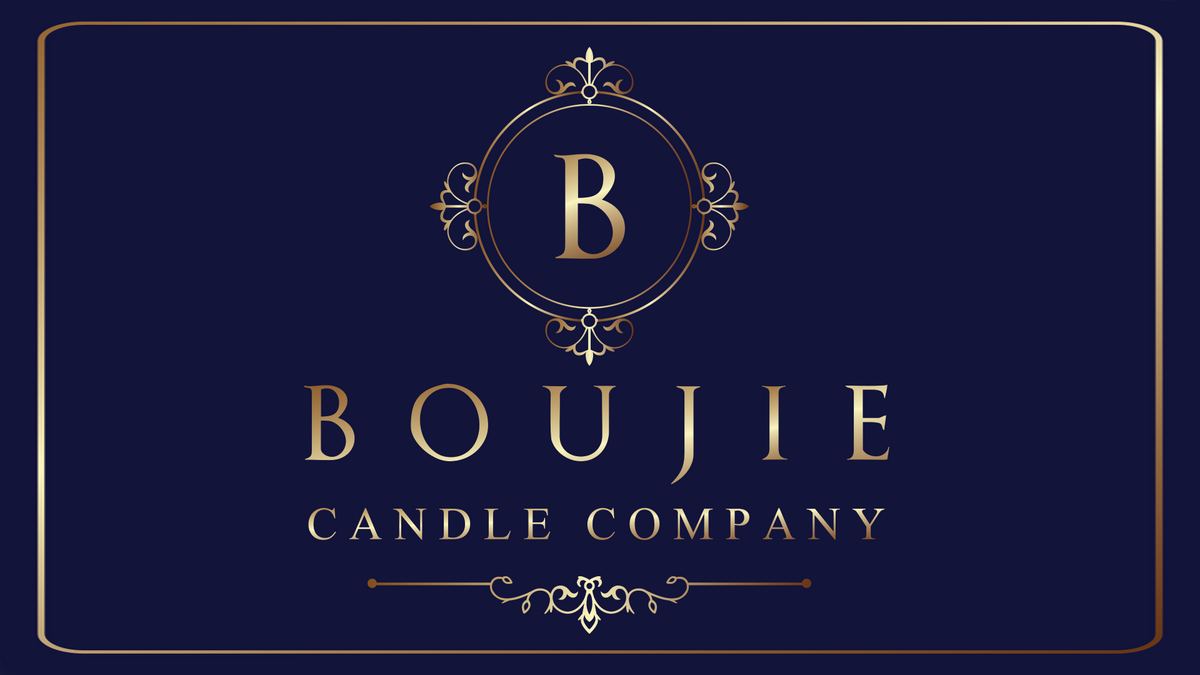 Boujie Candle Company gift card, navy with a gold monogram logo