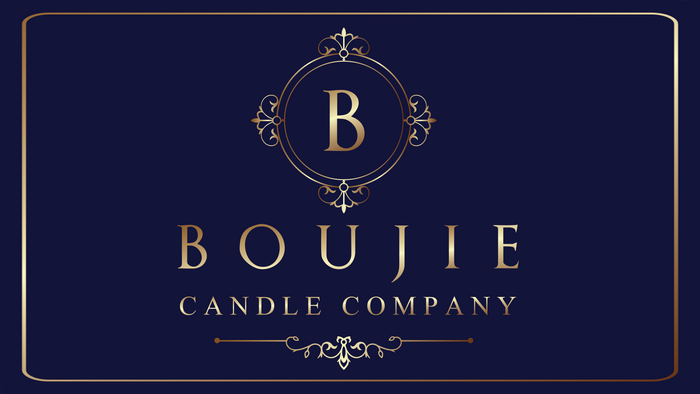 Boujie Candle Company gift card, navy with a gold monogram logo