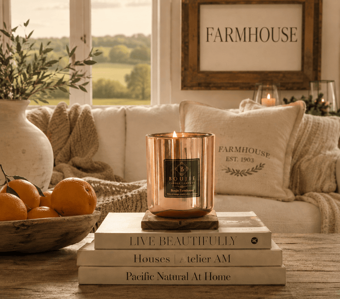 A lit copper-colored glass candle jar with a black label reading Boujie Farmhouse sits on a stack of books on a wooden table. The setting is a cozy living room with a cream sofa, pillows, a bowl of oranges, and a framed 'FARMHOUSE' sign in the background.