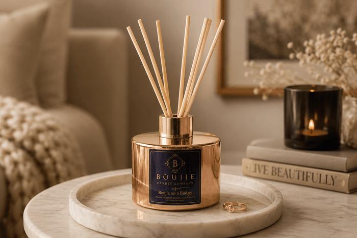 Bouje diffuser on a marble tray with books and candles in the background